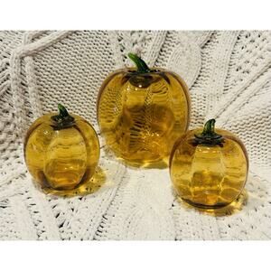 Vintage Blenko Hand Blown Glass Pumpkin Set Amber Green Stem Fall Decor Set Of 3